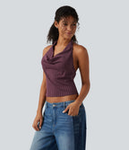 Halter Cowl Neck Stripe Casual Tank Top — Plum Stripe — view 4