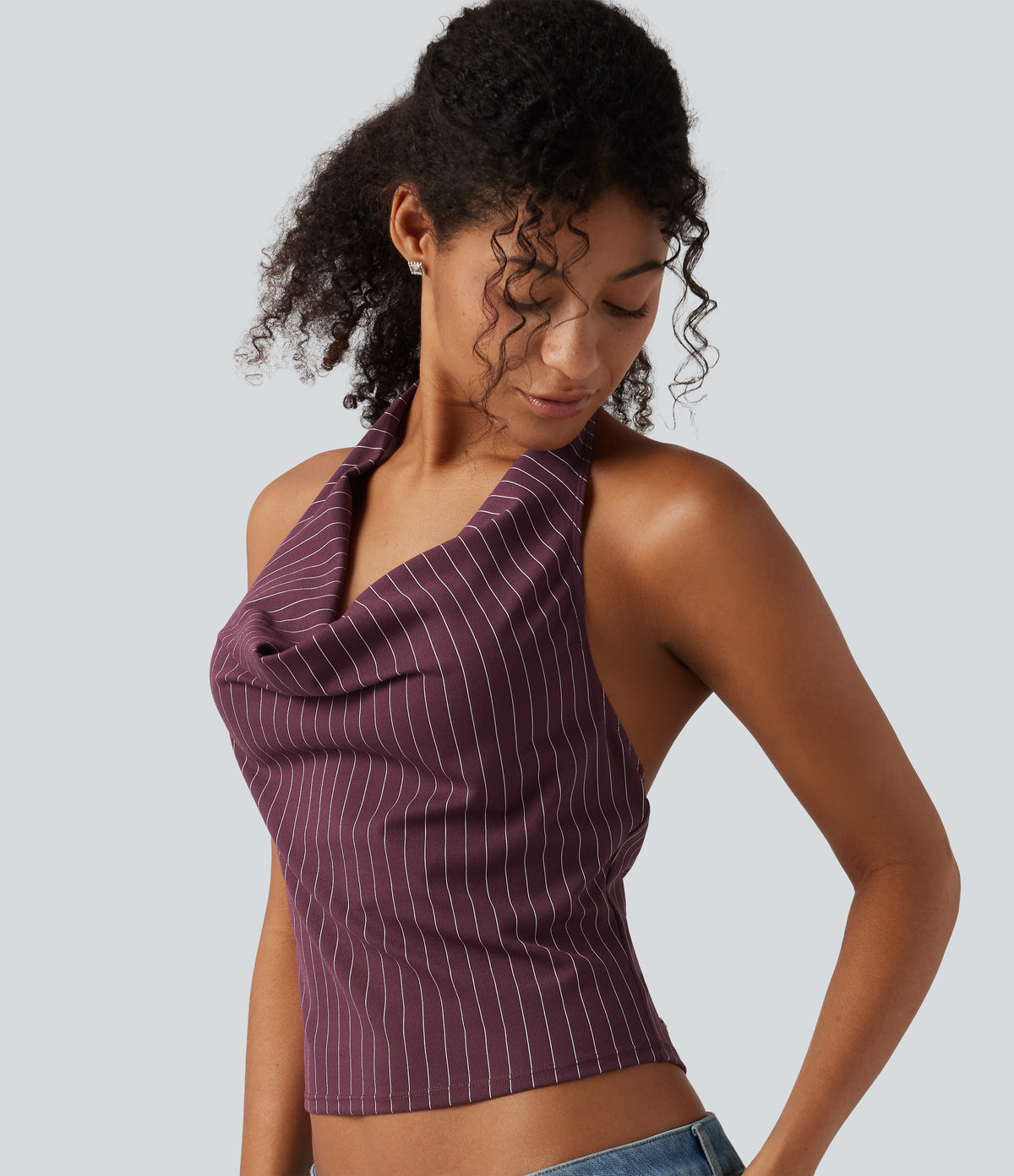 Halter Cowl Neck Stripe Casual Tank Top — Plum Stripe — view 1