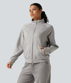 High Neck 2-Way Zipper Long Sleeve Thumb Hole Casual Jacket with Pockets — Fog Gray — view 3