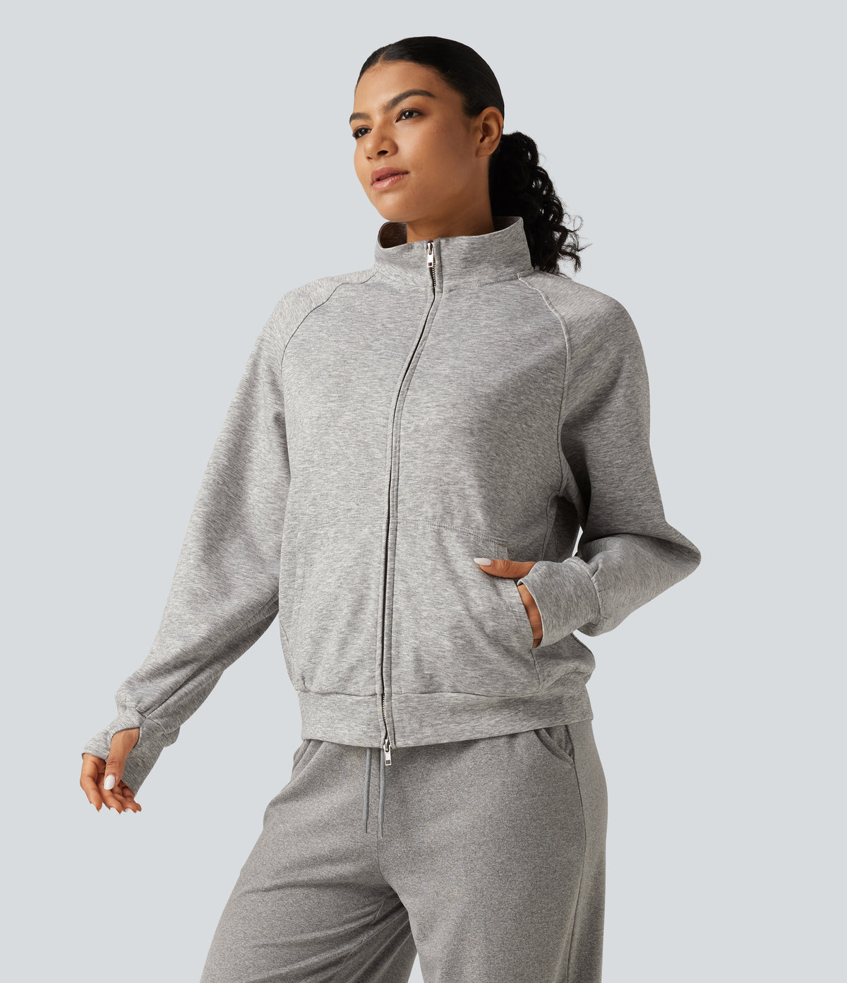 High Neck 2-Way Zipper Long Sleeve Thumb Hole Casual Jacket with Pockets — Fog Gray — view 3