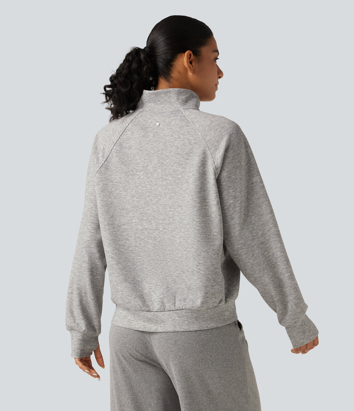 High Neck 2-Way Zipper Long Sleeve Thumb Hole Casual Jacket with Pockets — Fog Gray — view 2