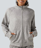 High Neck 2-Way Zipper Long Sleeve Thumb Hole Casual Jacket with Pockets — Fog Gray — view 5