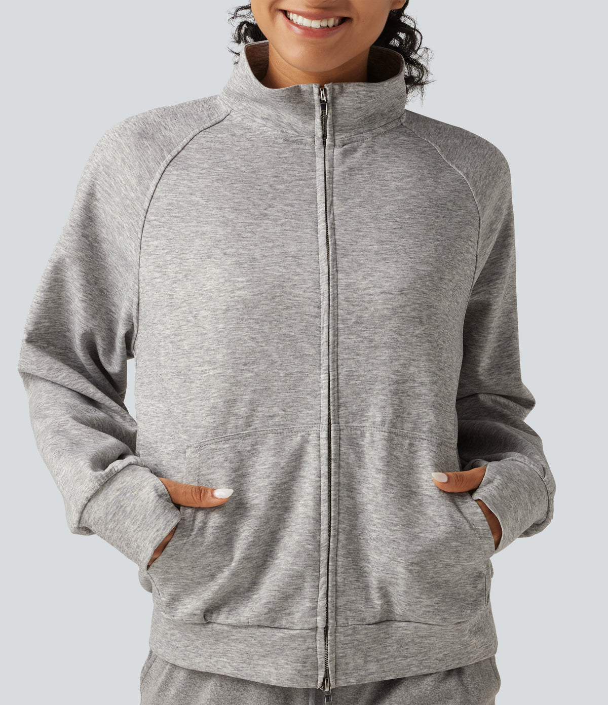 High Neck 2-Way Zipper Long Sleeve Thumb Hole Casual Jacket with Pockets — Fog Gray — view 5