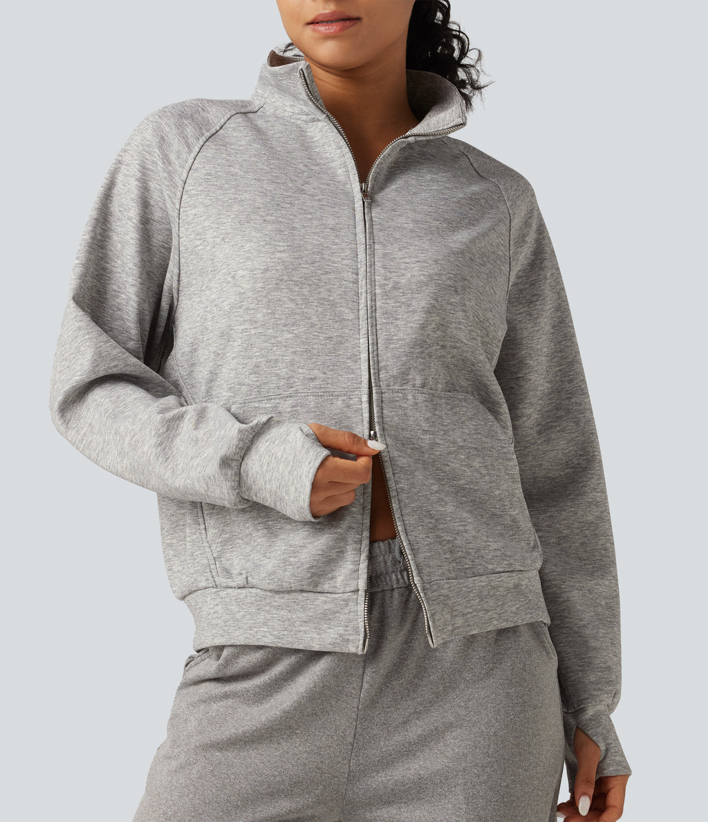 High Neck 2-Way Zipper Long Sleeve Thumb Hole Casual Jacket with Pockets — Fog Gray — view 6