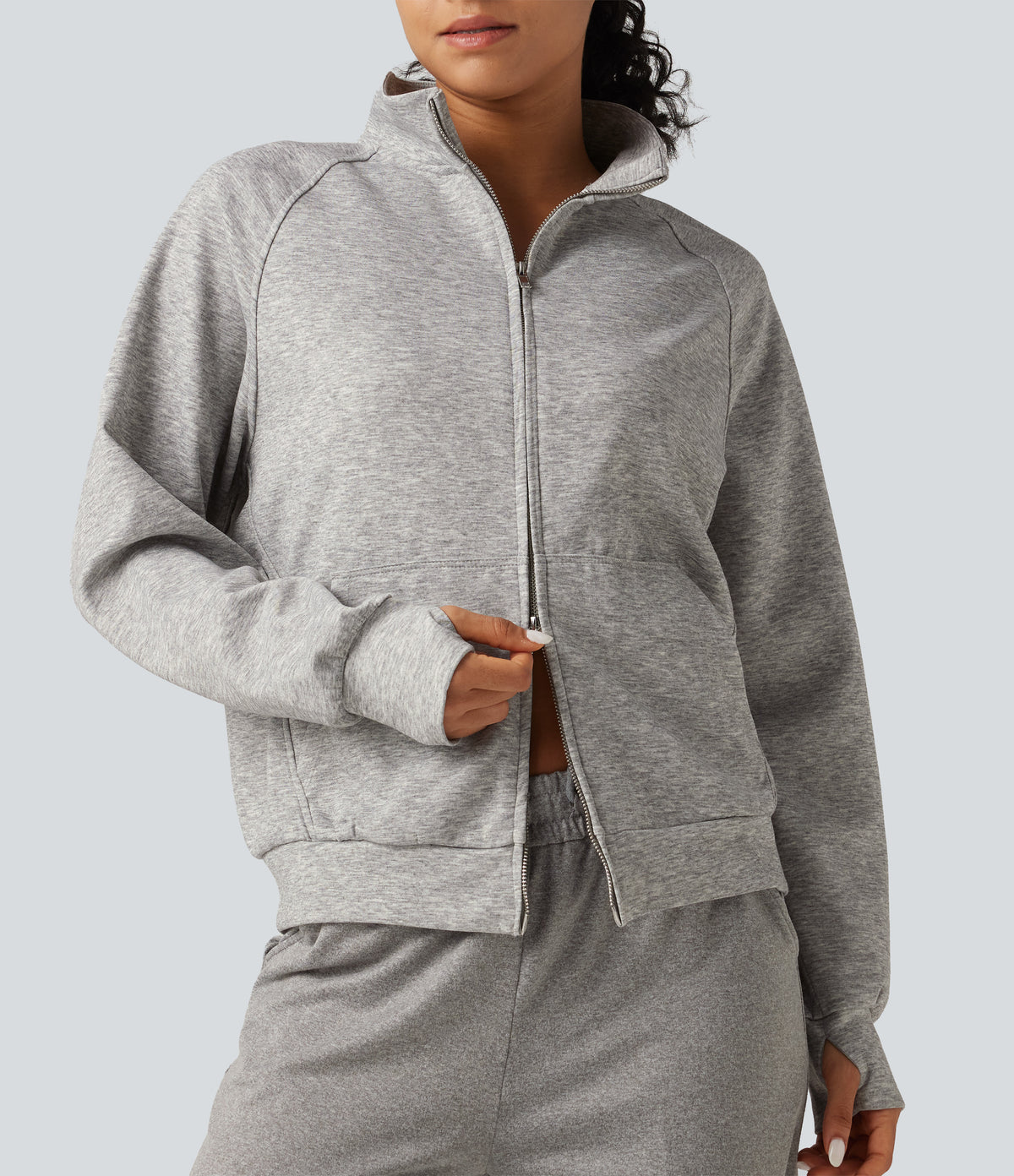 High Neck 2-Way Zipper Long Sleeve Thumb Hole Casual Jacket with Pockets — Fog Gray — view 6