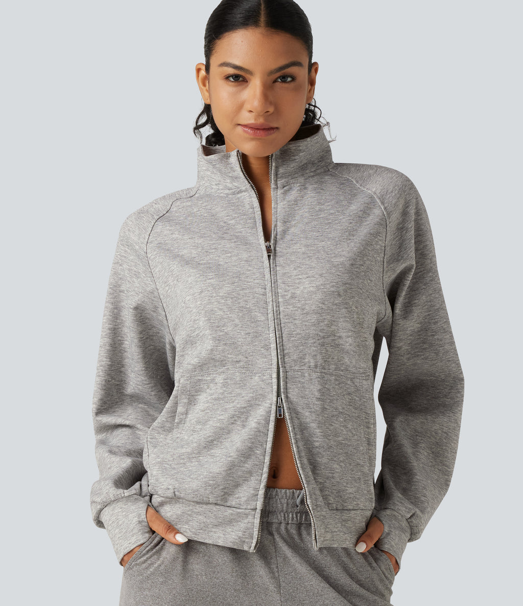 High Neck 2-Way Zipper Long Sleeve Thumb Hole Casual Jacket with Pockets — Fog Gray — view 1