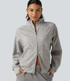 High Neck 2-Way Zipper Long Sleeve Thumb Hole Casual Jacket with Pockets — Fog Gray — view 1
