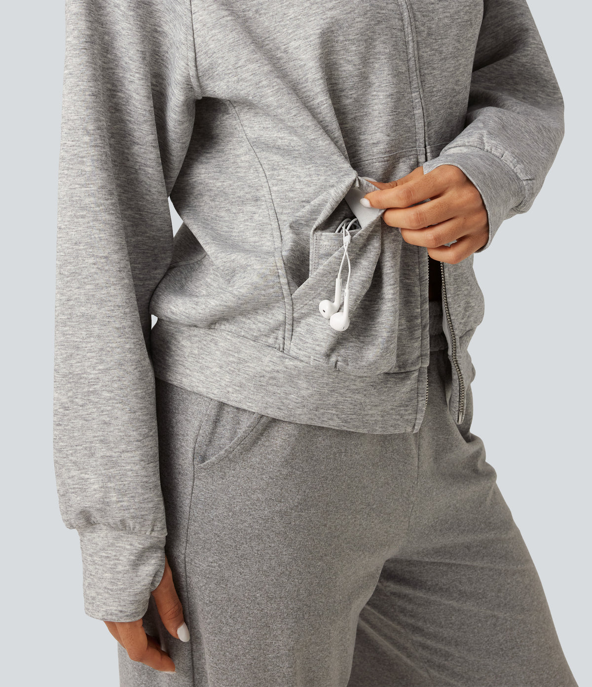 High Neck 2-Way Zipper Long Sleeve Thumb Hole Casual Jacket with Pockets — Fog Gray — view 8