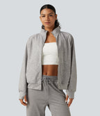 High Neck 2-Way Zipper Long Sleeve Thumb Hole Casual Jacket with Pockets — Fog Gray — view 4