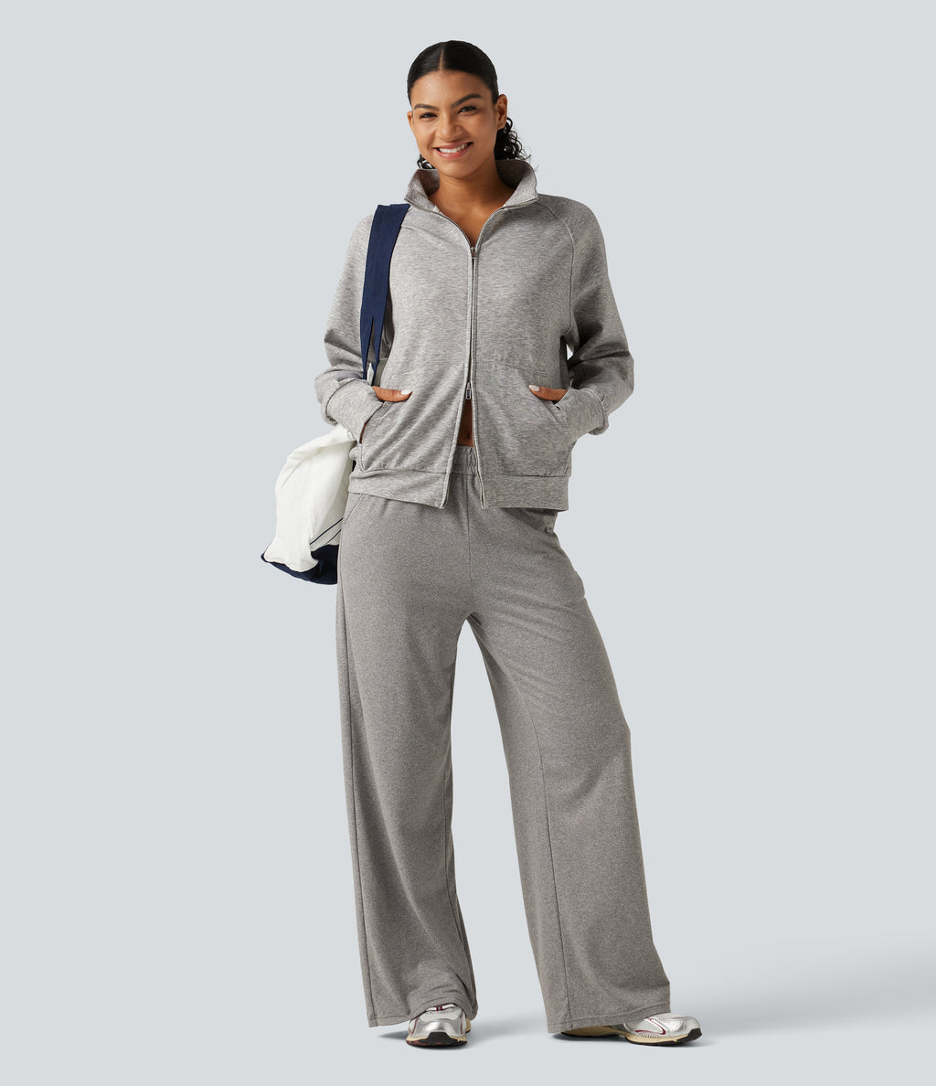 High Neck 2-Way Zipper Long Sleeve Thumb Hole Casual Jacket with Pockets — Fog Gray — view 7