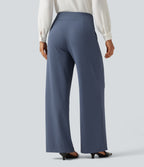 High Waisted Wide Leg Work Waffle Trousers with Pockets — Grisaille — view 2