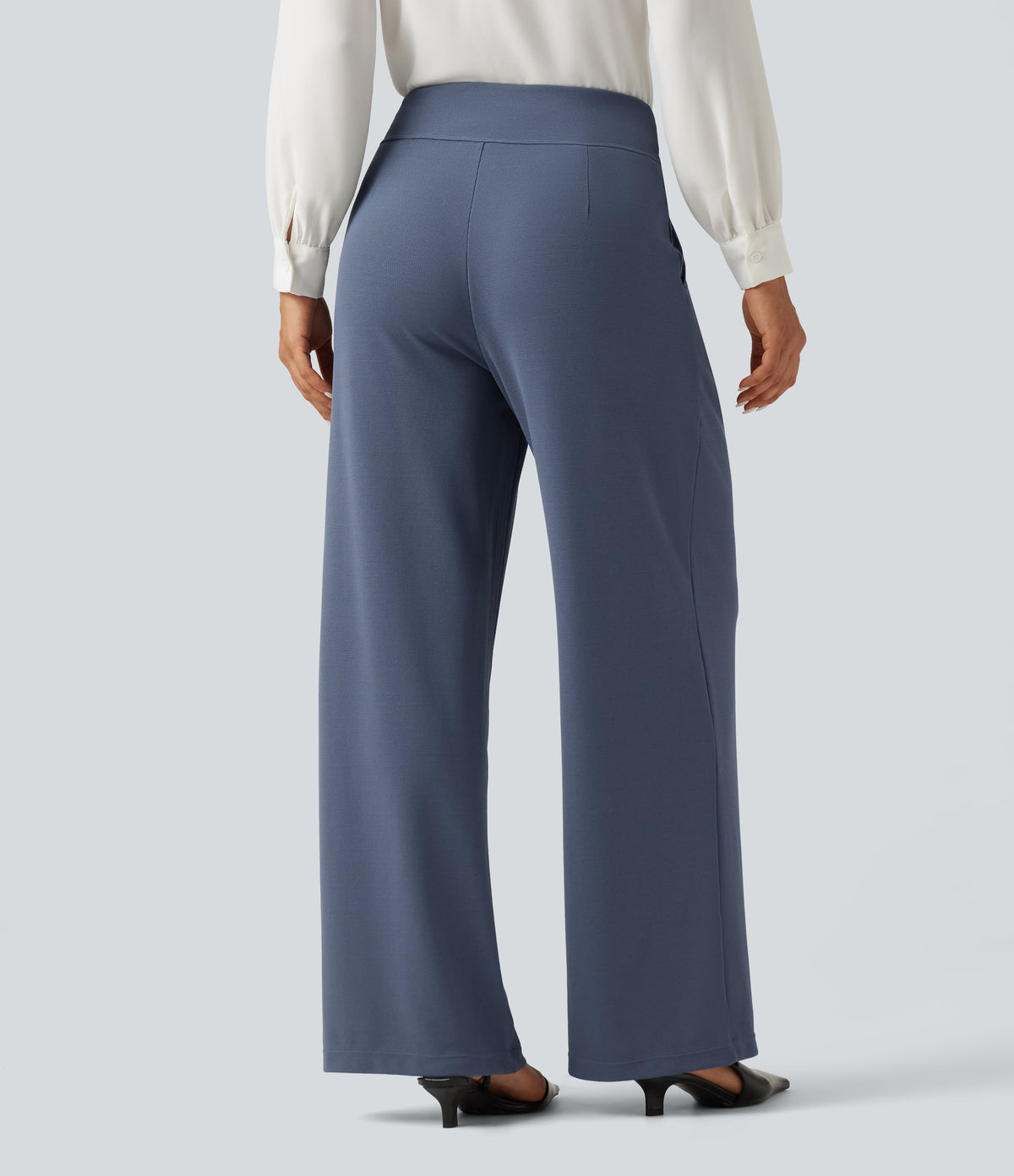 High Waisted Wide Leg Work Waffle Trousers with Pockets — Grisaille — view 2