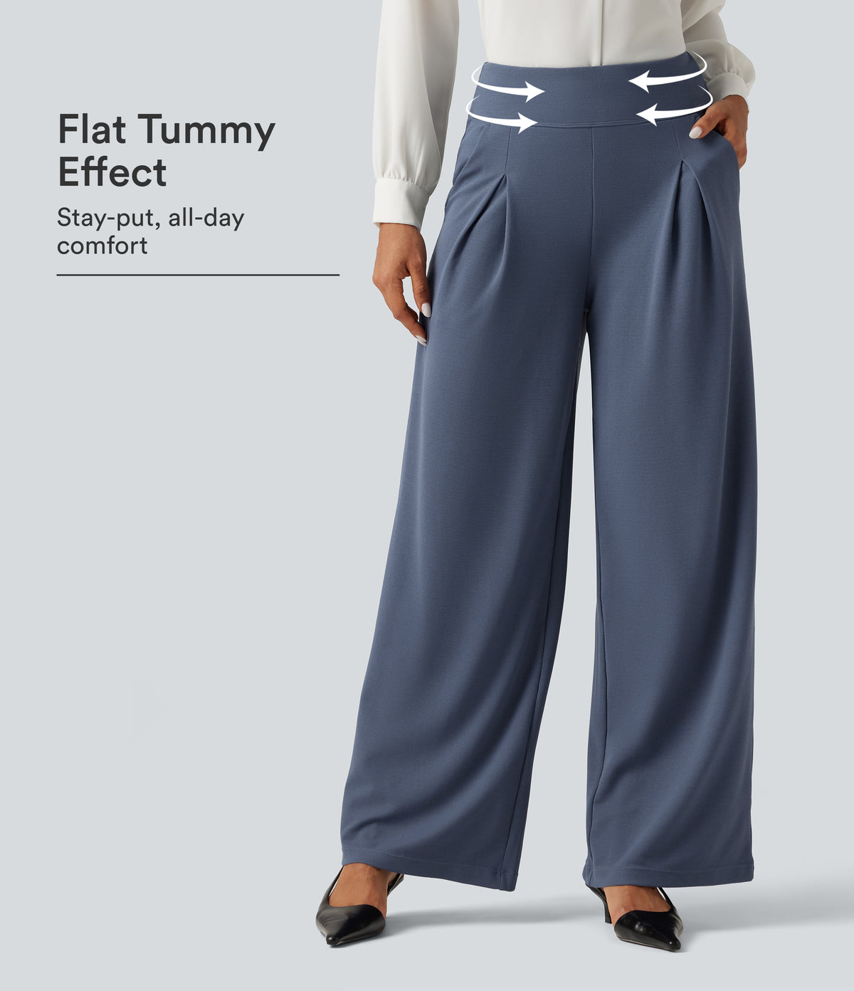 High Waisted Wide Leg Work Waffle Trousers with Pockets — Grisaille — view 1