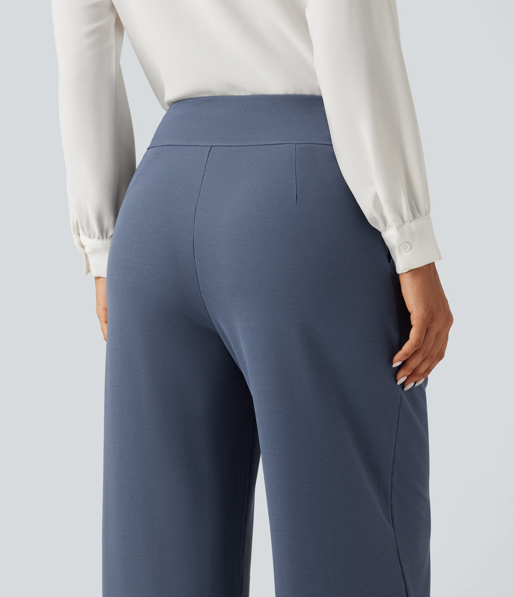 High Waisted Wide Leg Work Waffle Trousers with Pockets — Grisaille — view 5