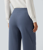 High Waisted Wide Leg Work Waffle Trousers with Pockets — Grisaille — view 5