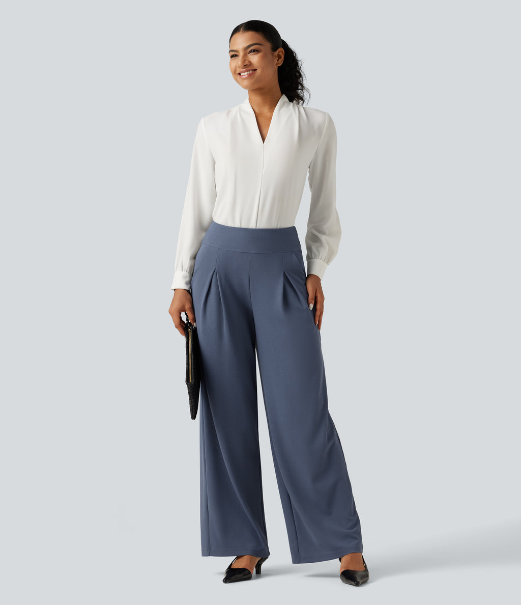High Waisted Wide Leg Work Waffle Trousers with Pockets — Grisaille — view 7