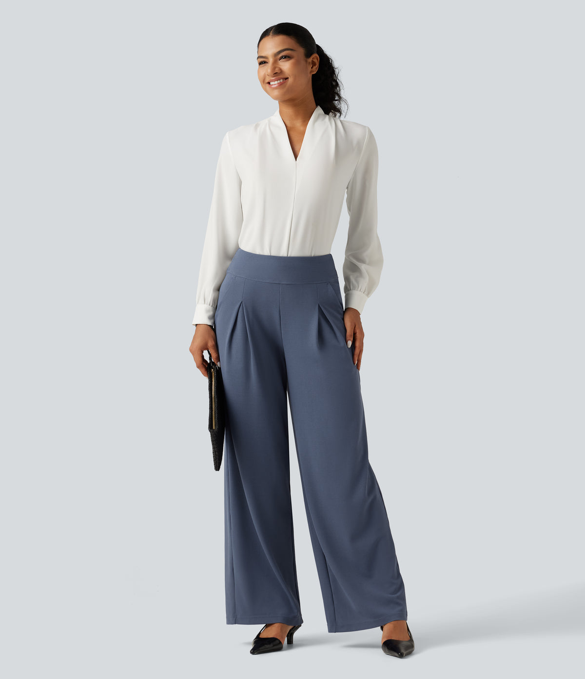 High Waisted Wide Leg Work Waffle Trousers with Pockets — Grisaille — view 7