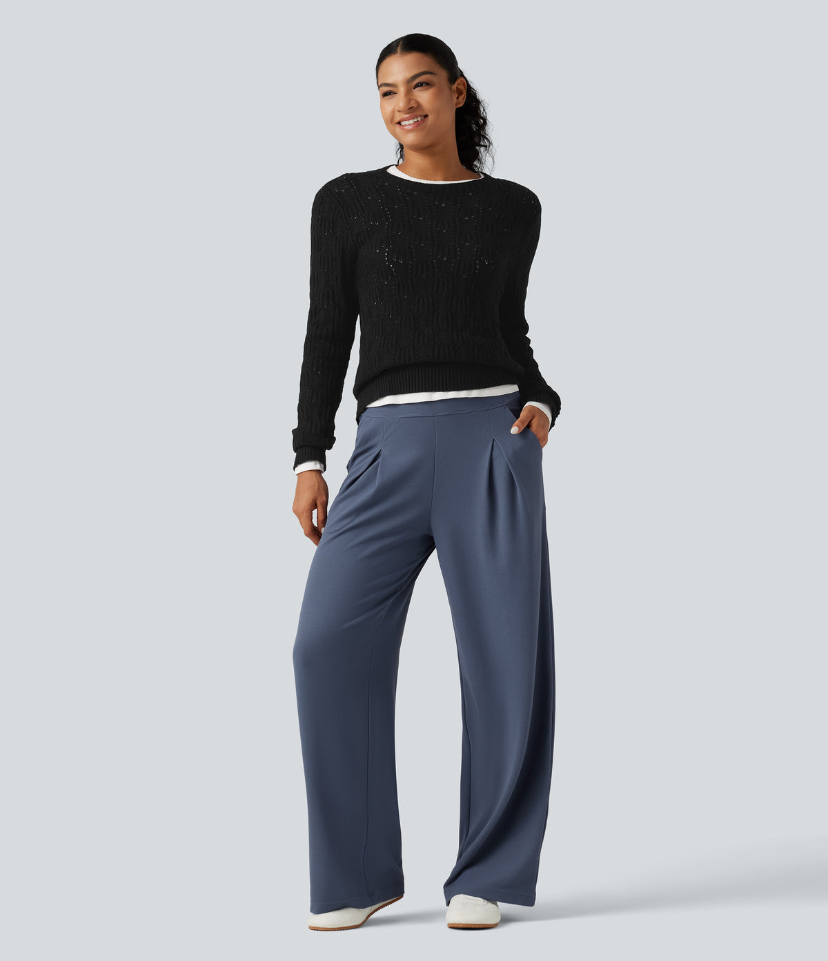 High Waisted Wide Leg Work Waffle Trousers with Pockets — Grisaille — view 6