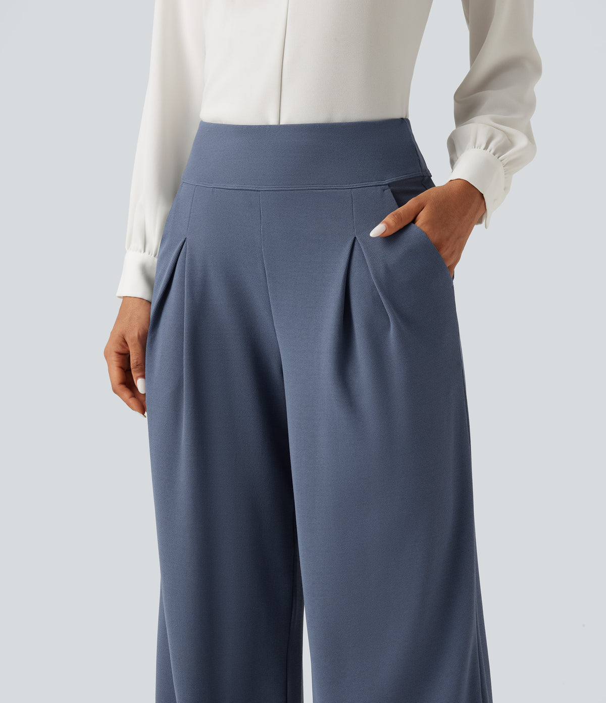 High Waisted Wide Leg Work Waffle Trousers with Pockets — Grisaille — view 4