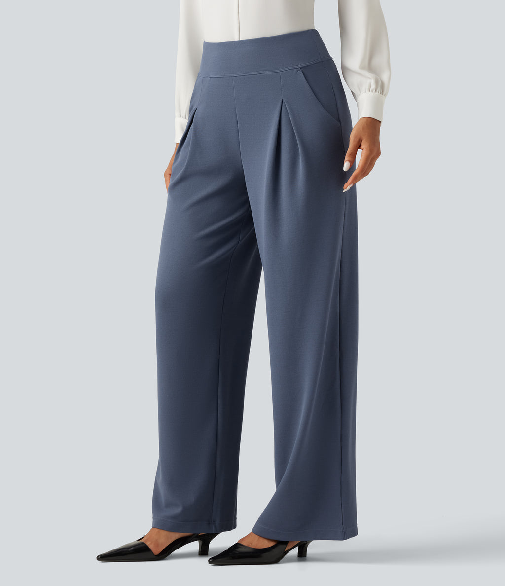 High Waisted Wide Leg Work Waffle Trousers with Pockets — Grisaille — view 3