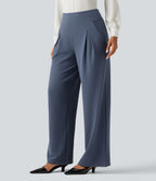 High Waisted Wide Leg Work Waffle Trousers with Pockets — Grisaille — view 3