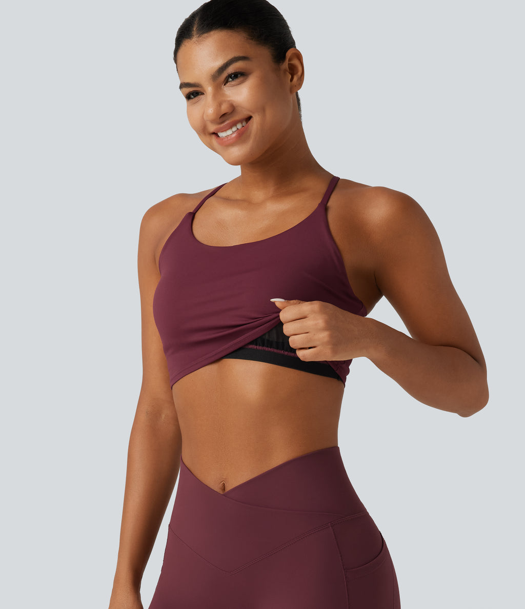 Airy Scoop Neck Built-in Bra InstantCool Cropped Yoga Tank Top — Zinfandel — view 2