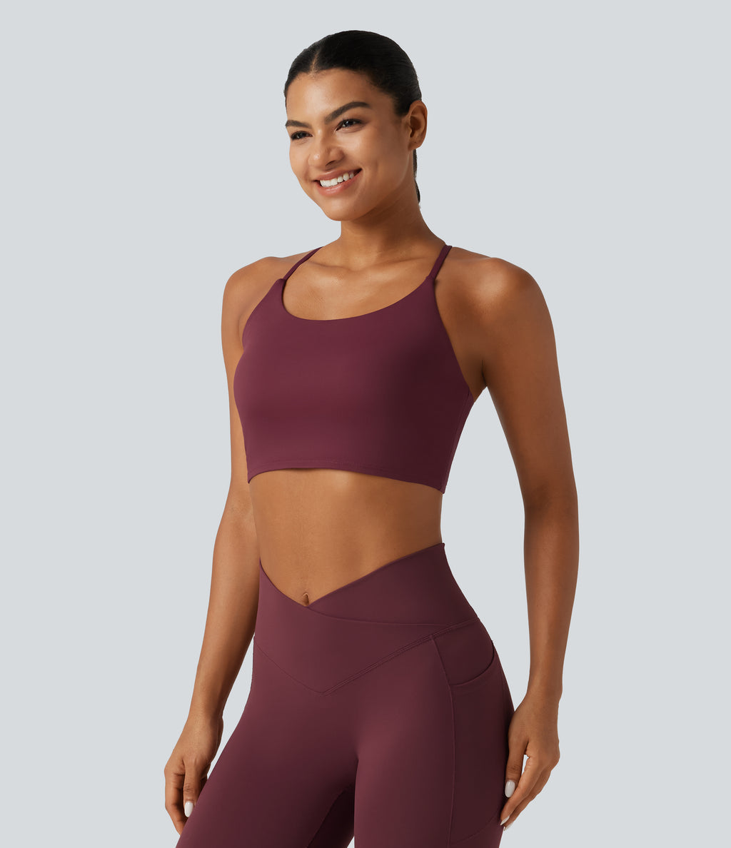 Airy Scoop Neck Built-in Bra InstantCool Cropped Yoga Tank Top — Zinfandel — view 3