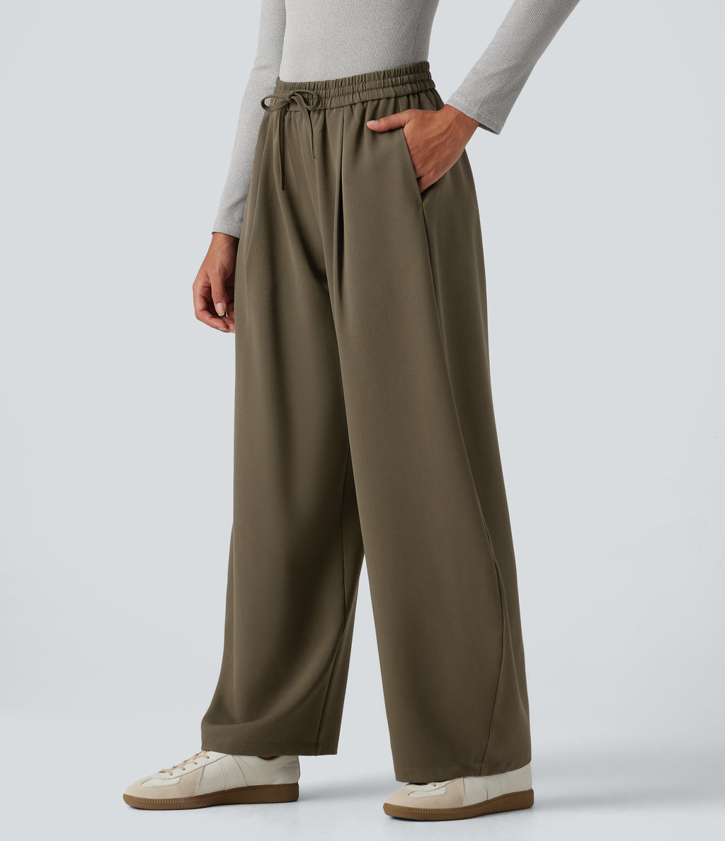High Waisted Drawstring Barrel Leg Work Trousers with Pockets — Forest Wild Brown — view 3
