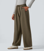 High Waisted Drawstring Barrel Leg Work Trousers with Pockets — Forest Wild Brown — view 3