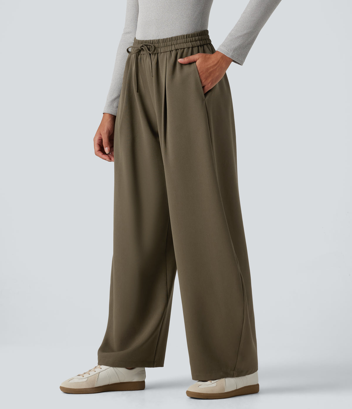 High Waisted Drawstring Barrel Leg Work Trousers with Pockets — Forest Wild Brown — view 3