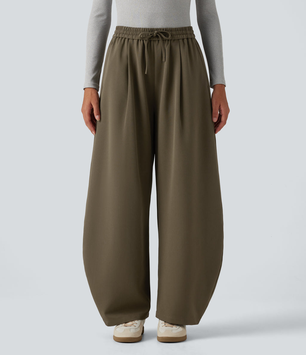 High Waisted Drawstring Barrel Leg Work Trousers with Pockets — Forest Wild Brown — view 1