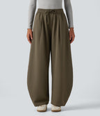 High Waisted Drawstring Barrel Leg Work Trousers with Pockets — Forest Wild Brown — view 1