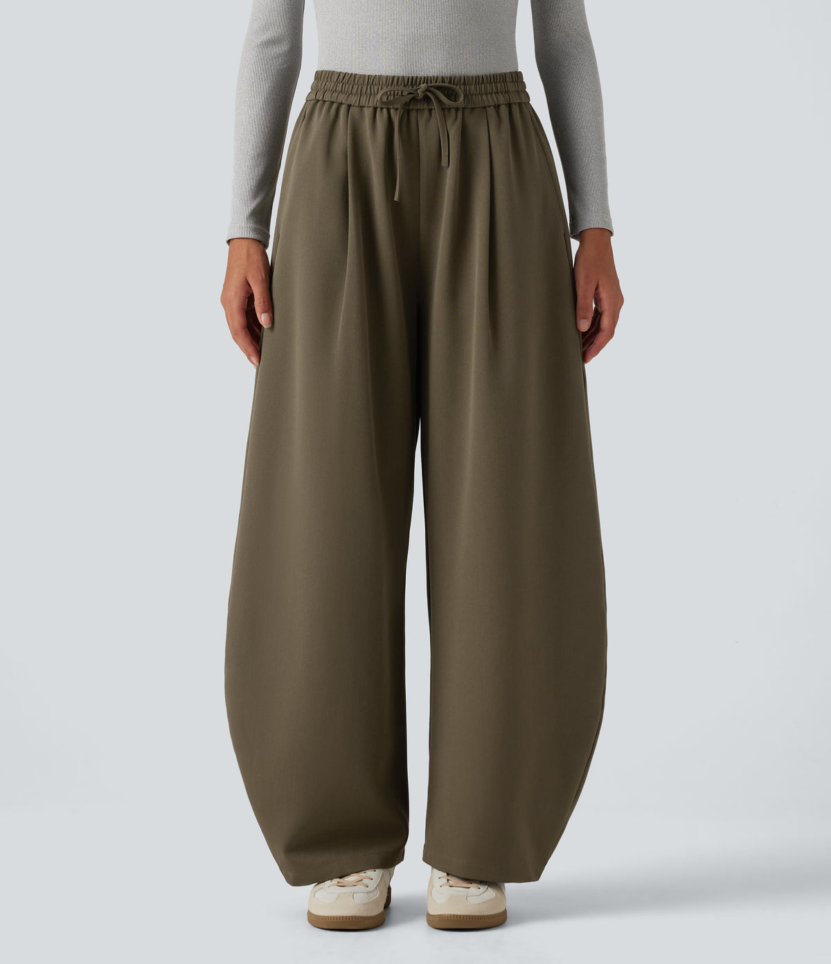 High Waisted Drawstring Barrel Leg Work Trousers with Pockets — Forest Wild Brown — view 1
