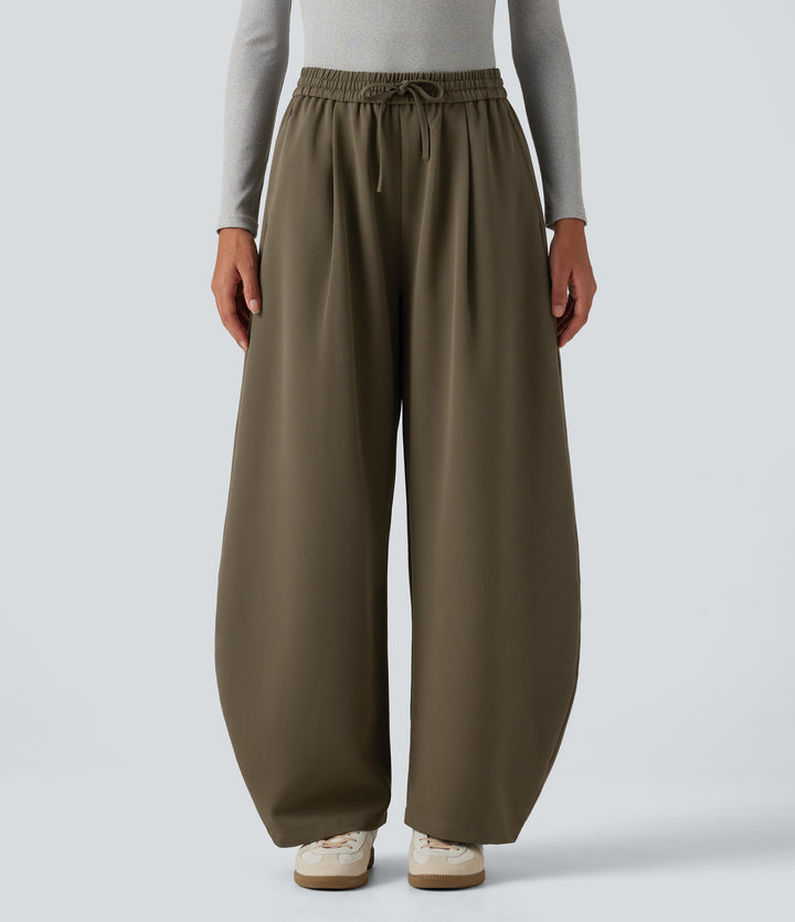 High Waisted Drawstring Barrel Leg Work Trousers with Pockets — Forest Wild Brown — view 1