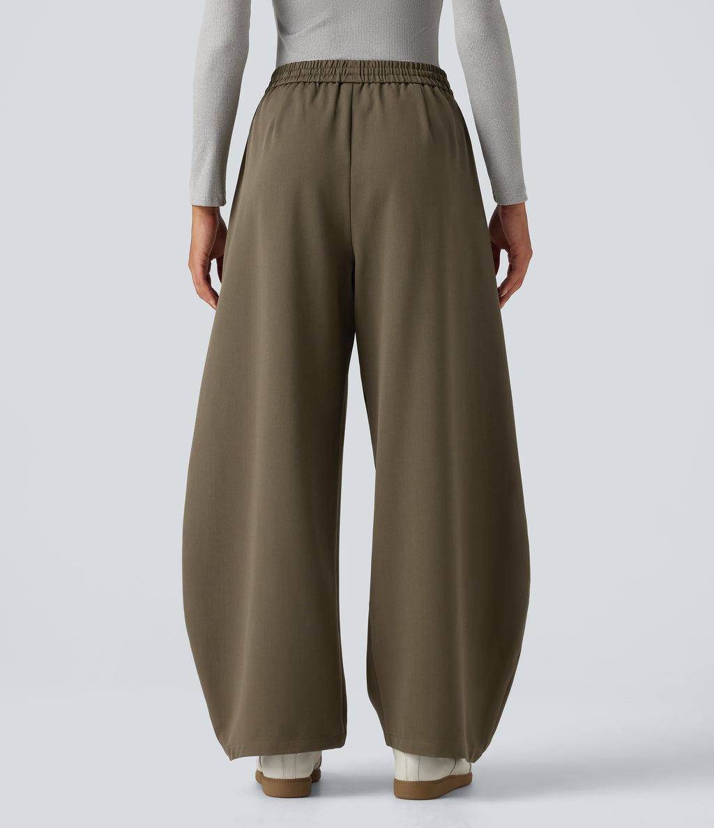 High Waisted Drawstring Barrel Leg Work Trousers with Pockets — Forest Wild Brown — view 2