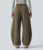High Waisted Drawstring Barrel Leg Work Trousers with Pockets — Forest Wild Brown — view 2