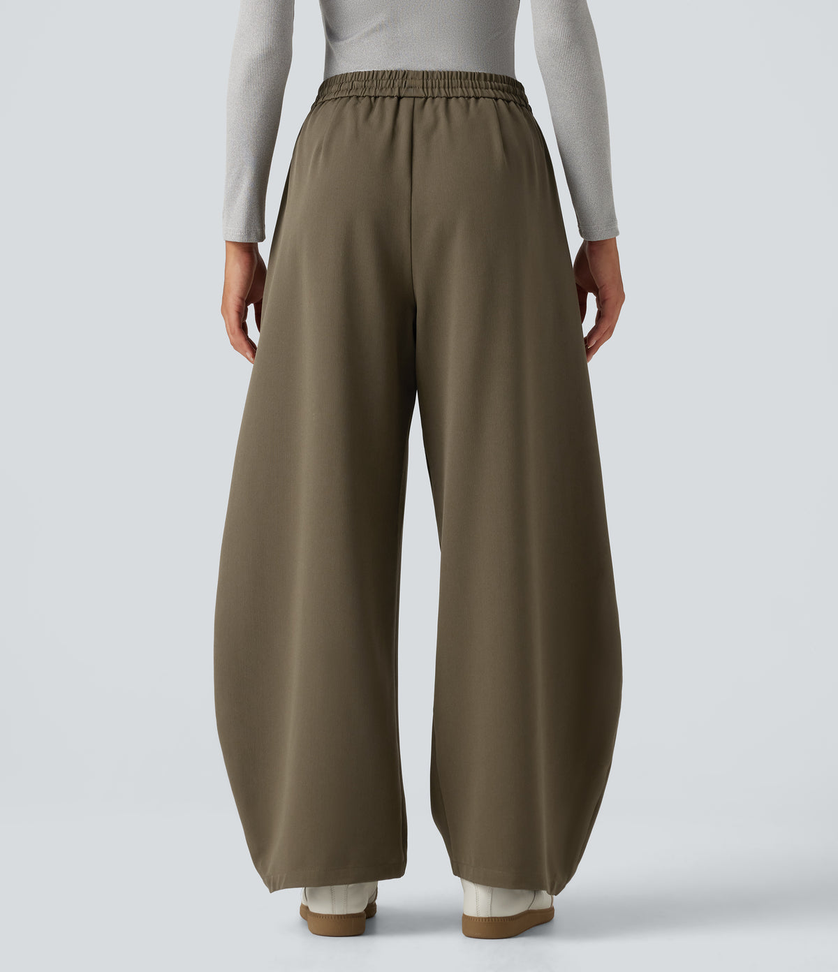 High Waisted Drawstring Barrel Leg Work Trousers with Pockets — Forest Wild Brown — view 2
