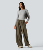 High Waisted Drawstring Barrel Leg Work Trousers with Pockets — Forest Wild Brown — view 4