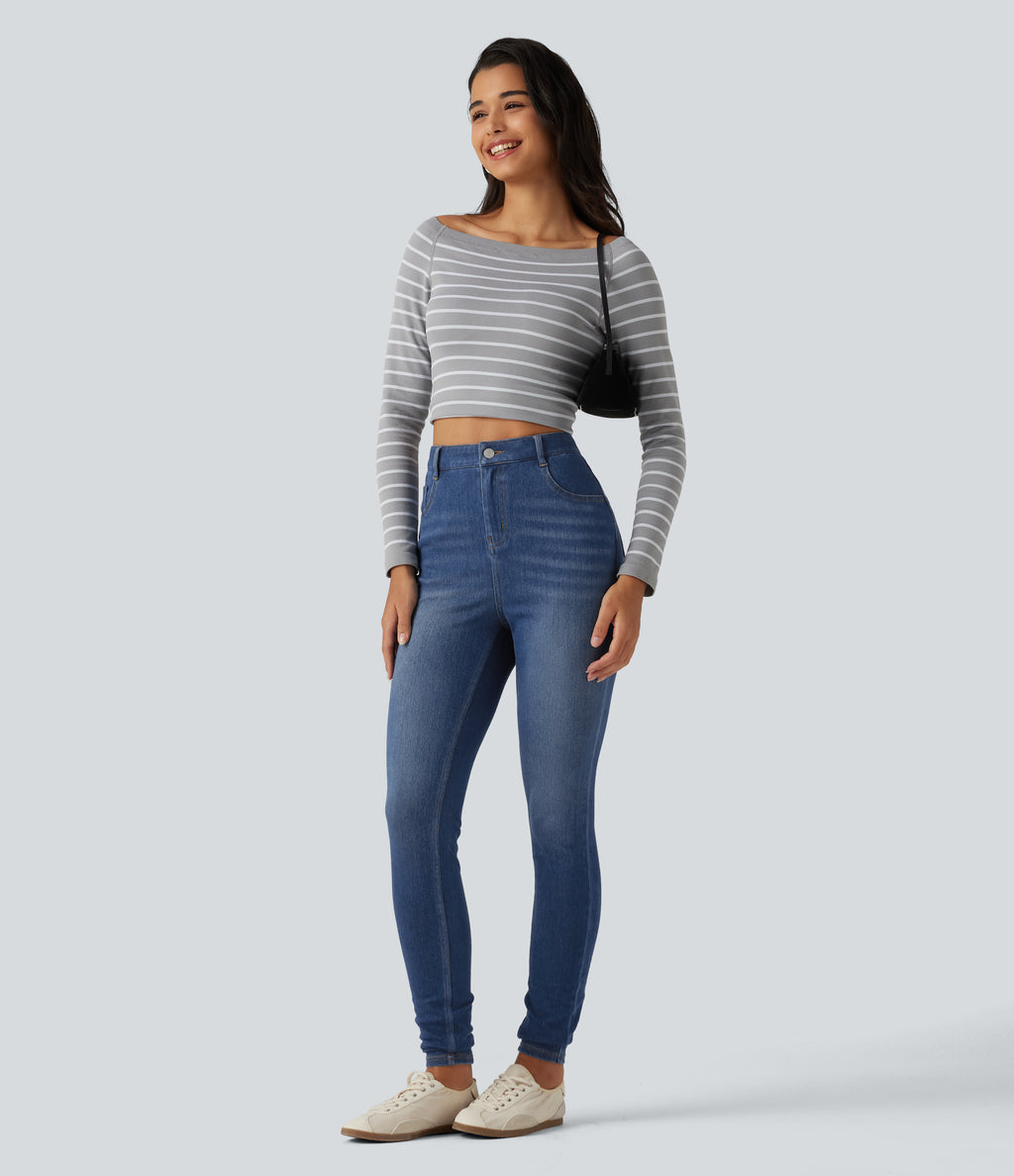 High Waisted Skinny Casual Jeans with Pockets — Estate Blue Denim — view 7