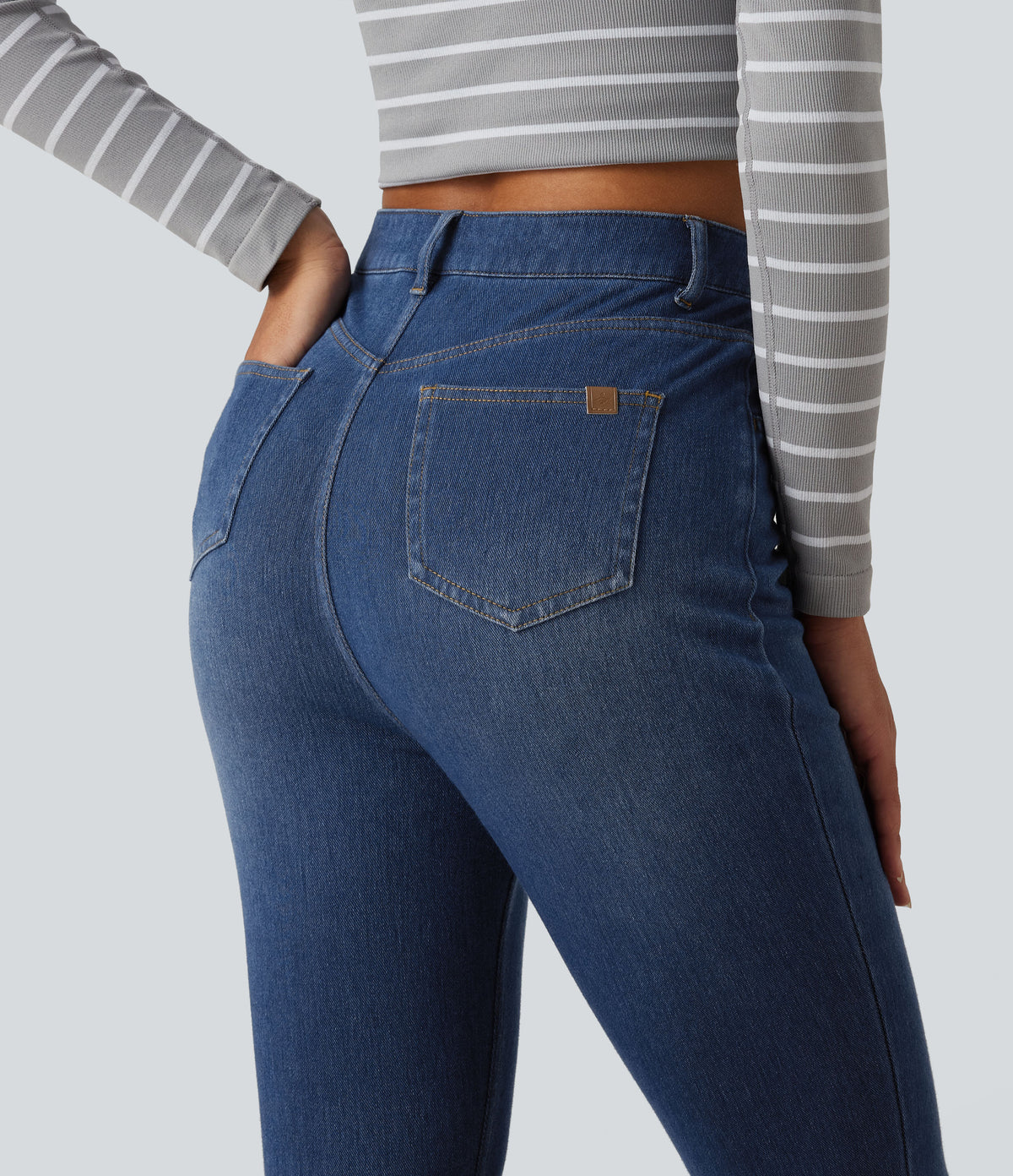 High Waisted Skinny Casual Jeans with Pockets — Estate Blue Denim — view 4