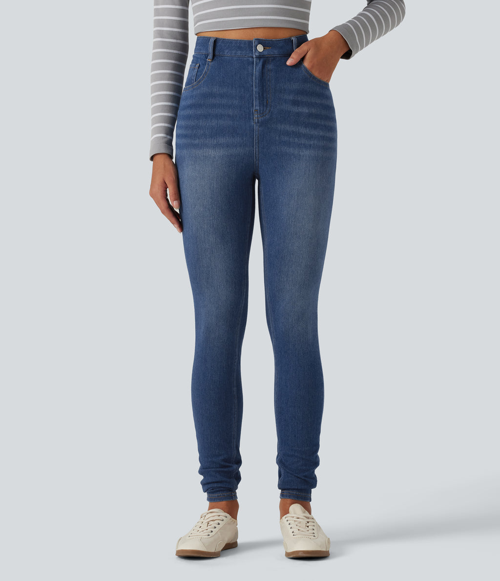 High Waisted Skinny Casual Jeans with Pockets — Estate Blue Denim — view 3