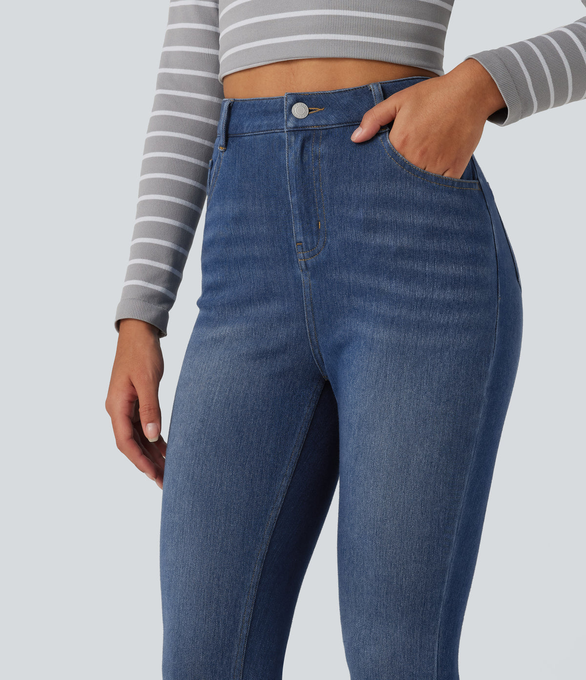 High Waisted Skinny Casual Jeans with Pockets — Estate Blue Denim — view 6