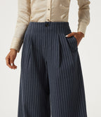 High Waisted Wide Leg Stripe Fleece Work Trousers with Pockets — Deep Blue Stripe — view 4