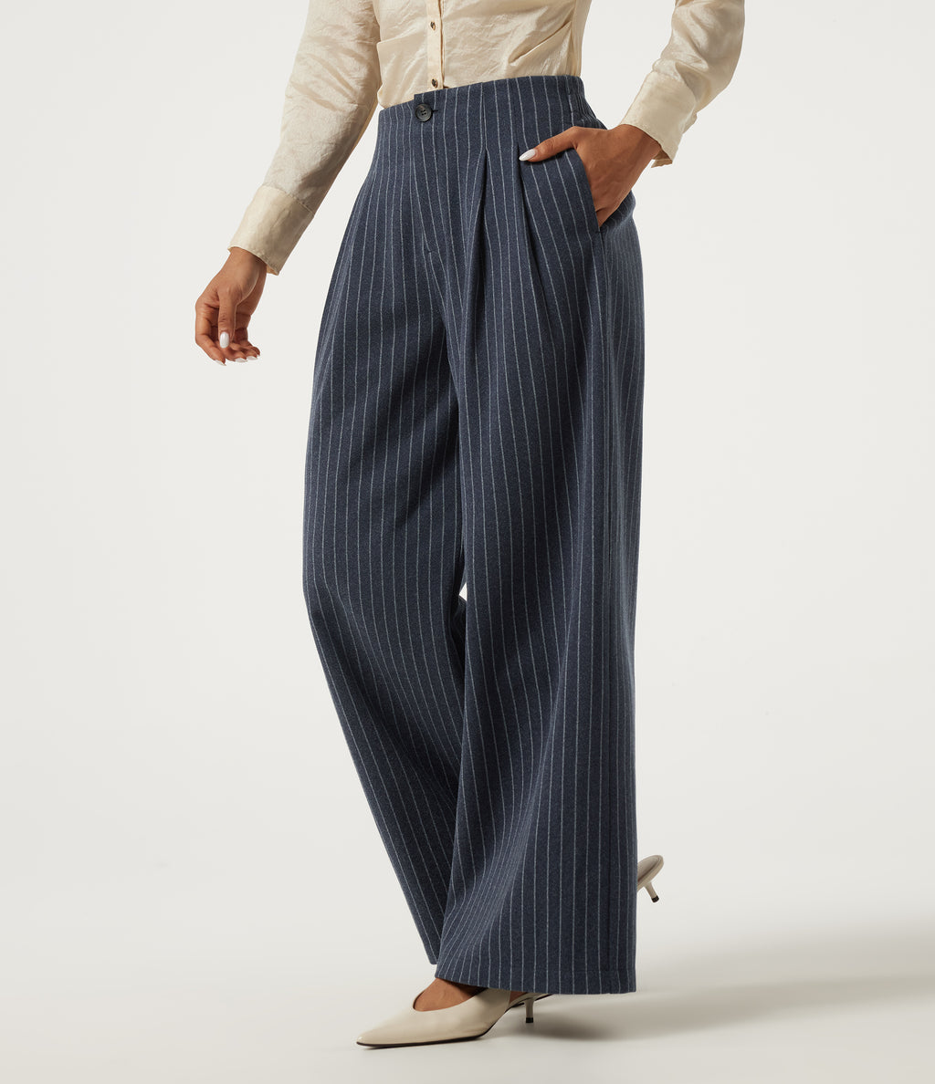 High Waisted Wide Leg Stripe Fleece Work Trousers with Pockets — Deep Blue Stripe — view 3