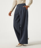 High Waisted Wide Leg Stripe Fleece Work Trousers with Pockets — Deep Blue Stripe — view 3