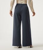 High Waisted Wide Leg Stripe Fleece Work Trousers with Pockets — Deep Blue Stripe — view 2