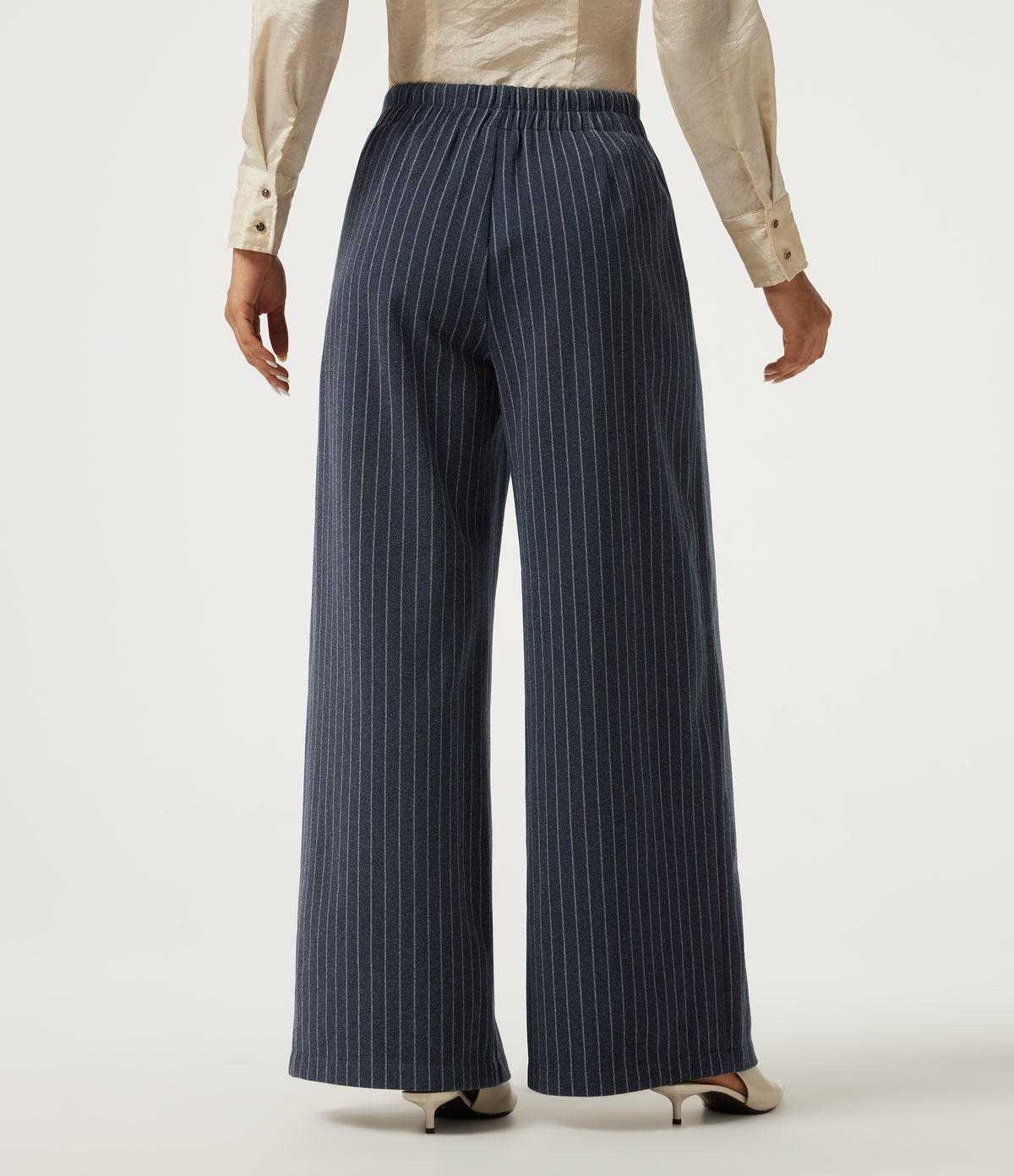 High Waisted Wide Leg Stripe Fleece Work Trousers with Pockets — Deep Blue Stripe — view 2
