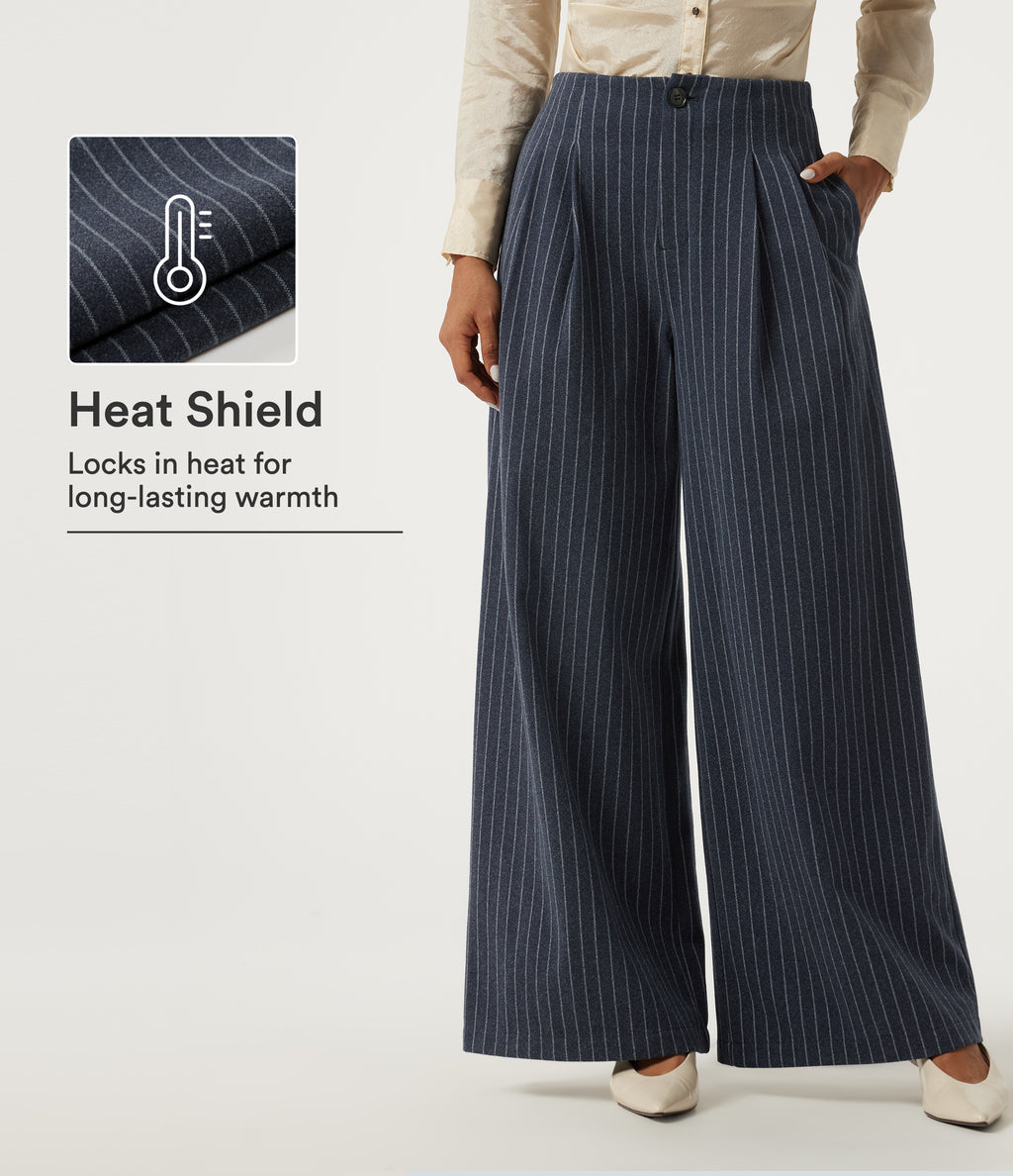 High Waisted Wide Leg Stripe Fleece Work Trousers with Pockets — Deep Blue Stripe — view 1