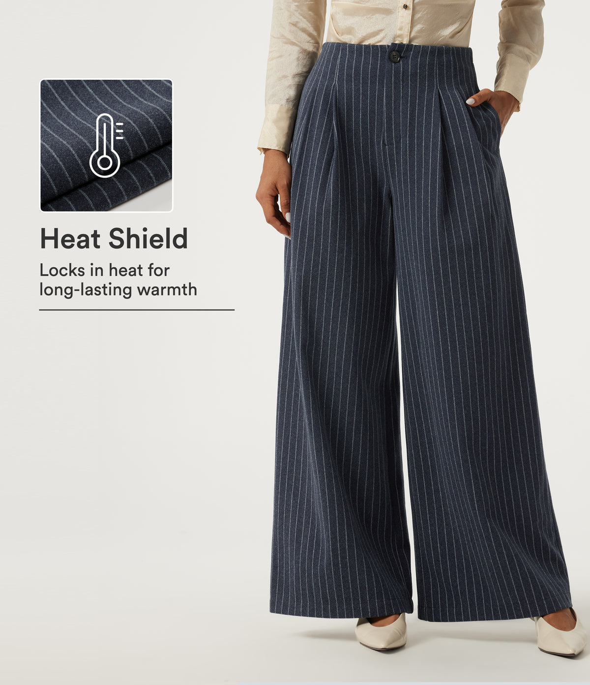 High Waisted Wide Leg Stripe Fleece Work Trousers with Pockets — Deep Blue Stripe — view 1
