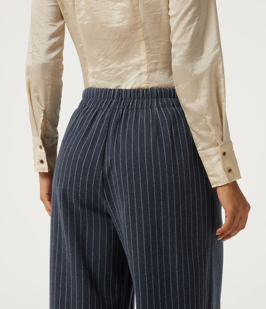 High Waisted Wide Leg Stripe Fleece Work Trousers with Pockets — Deep Blue Stripe — view 5